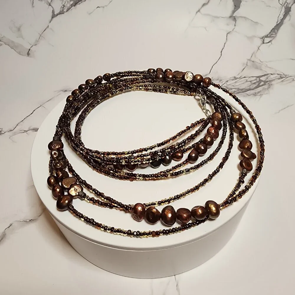 Multi-Stand Brown Bead and Pearl Necklace